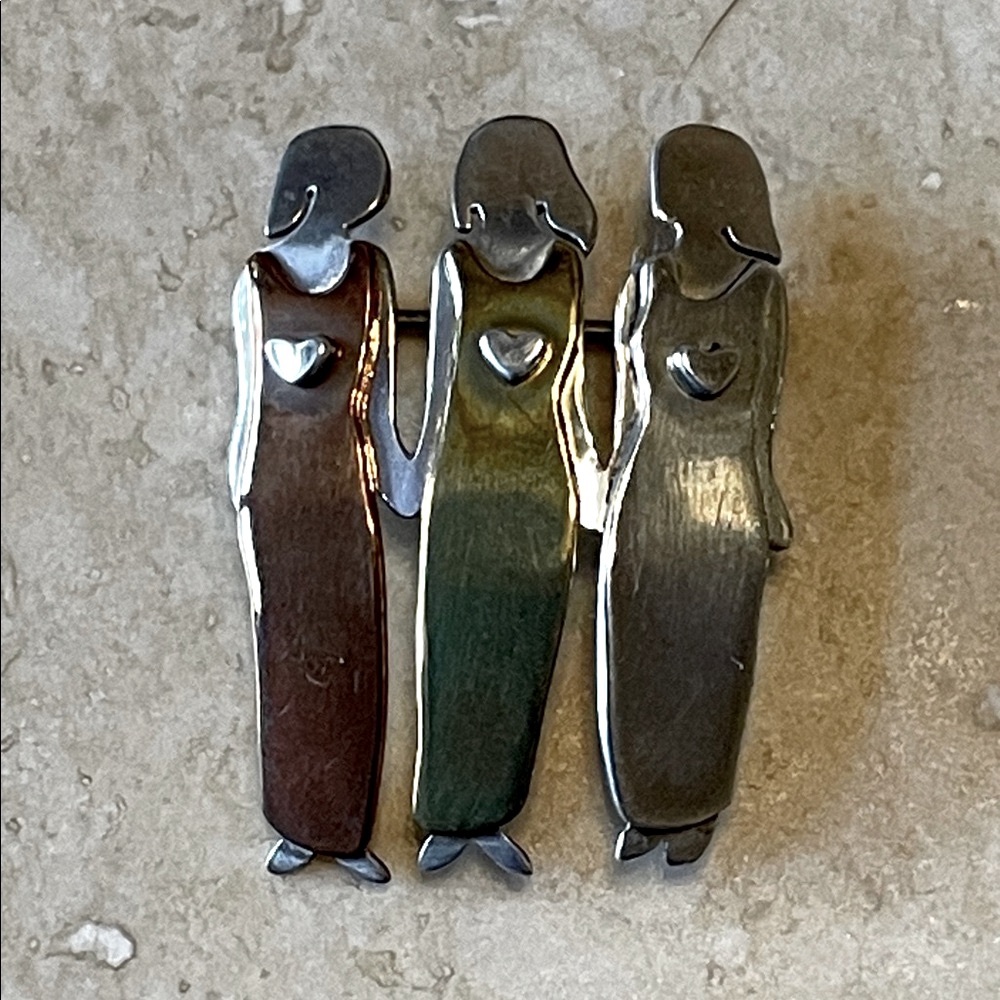 Far Fetched 3 sisters Figurine Brooch - Silver Copper Gold NWT